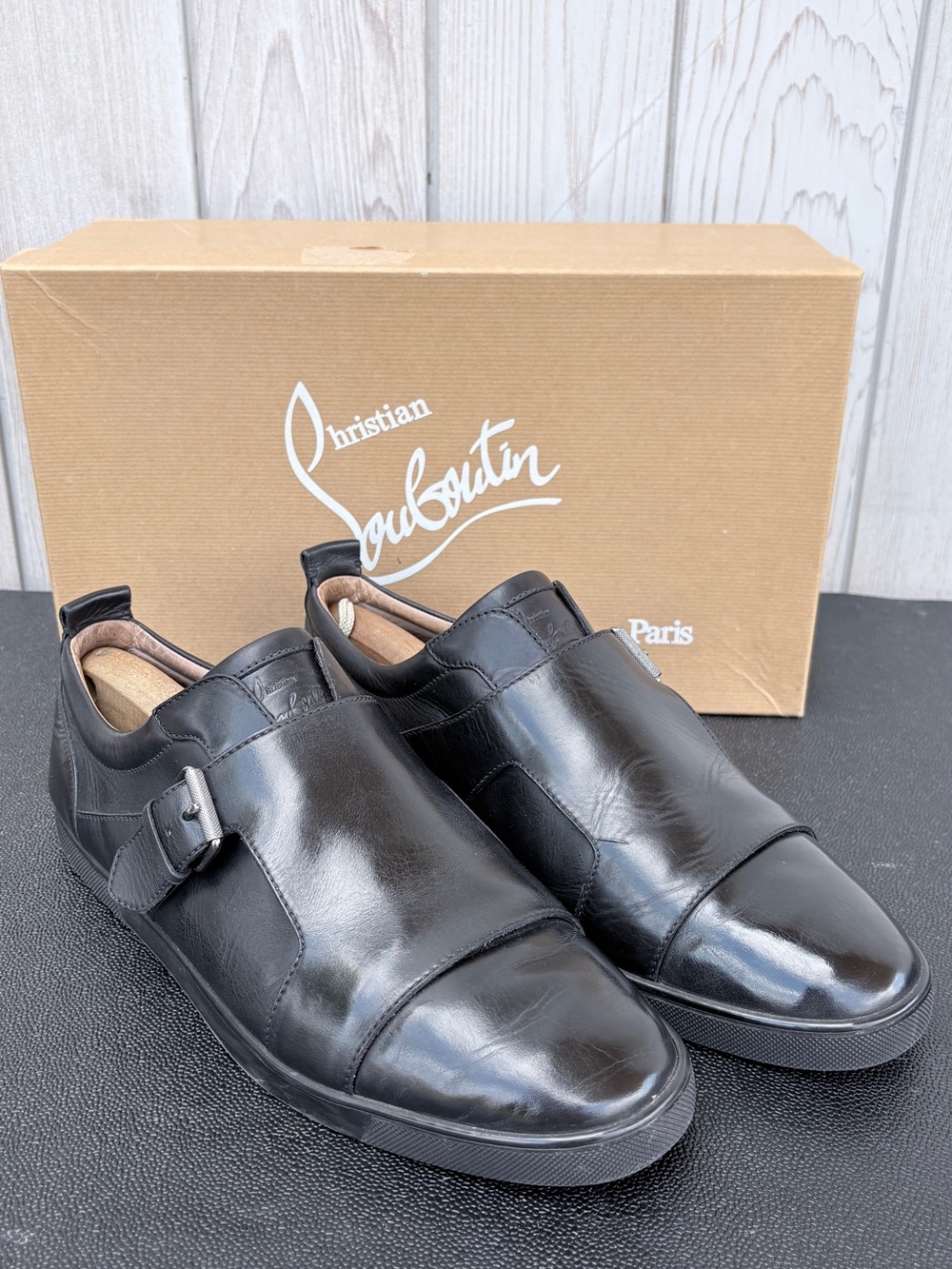 Christian Louboutin Men’s Black Leather Slip-On Loafers with Side Buckle